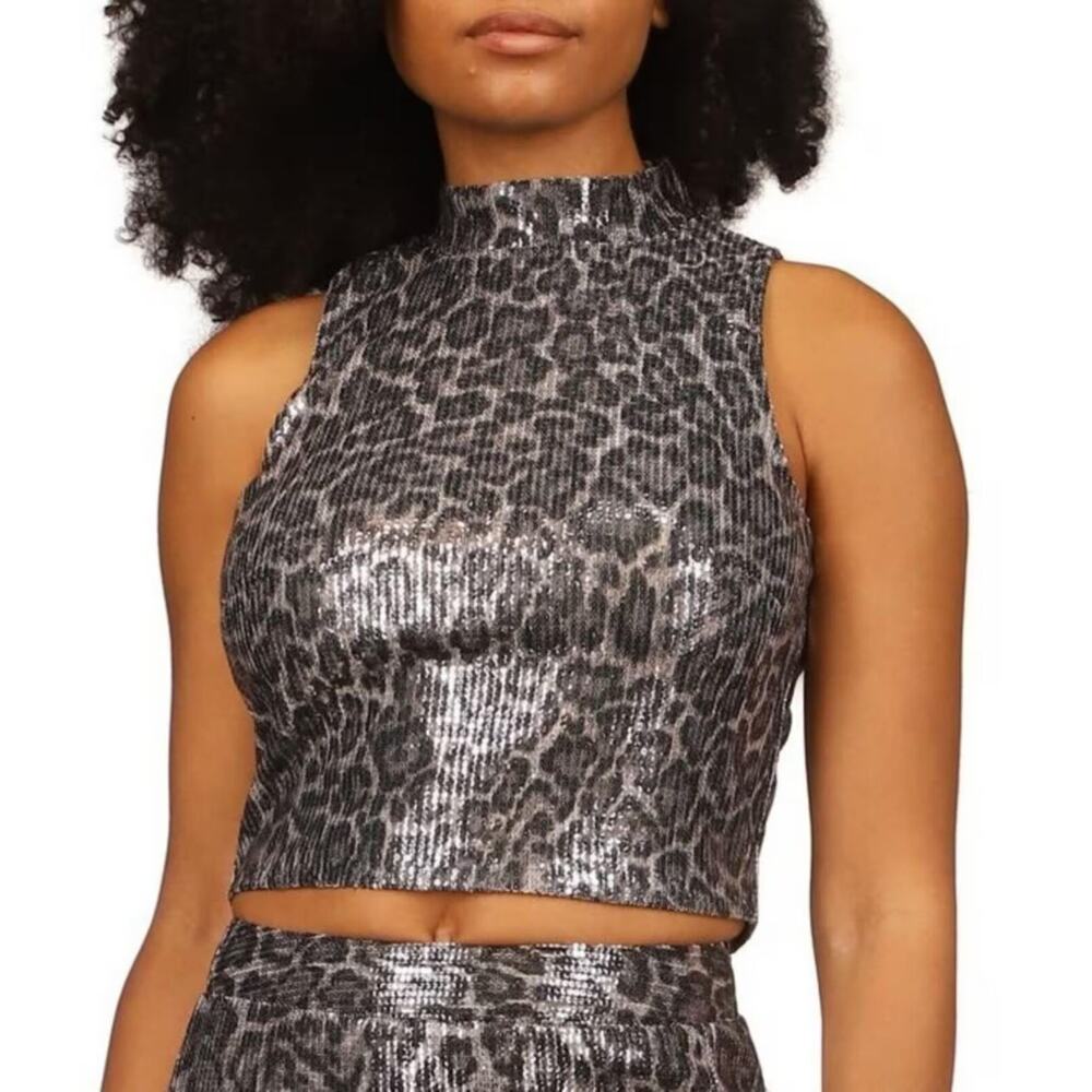 Michael Kors Silver Metallic Leopard-Print Crop Top